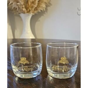 Crown Royal Whiskey Glass Set of 2 Low Ball Round Bottom Gold Print 12oz